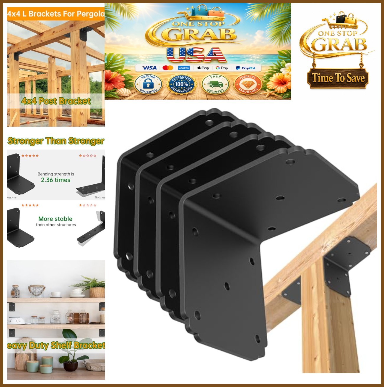 4x4x3.5 Pergola Brackets 4PCS Heavy Duty L Bracket 4mm Steel Black 4x4x3.5 Pergola Brackets 4PCS Heavy Duty L Bracket 4mm Steel Black