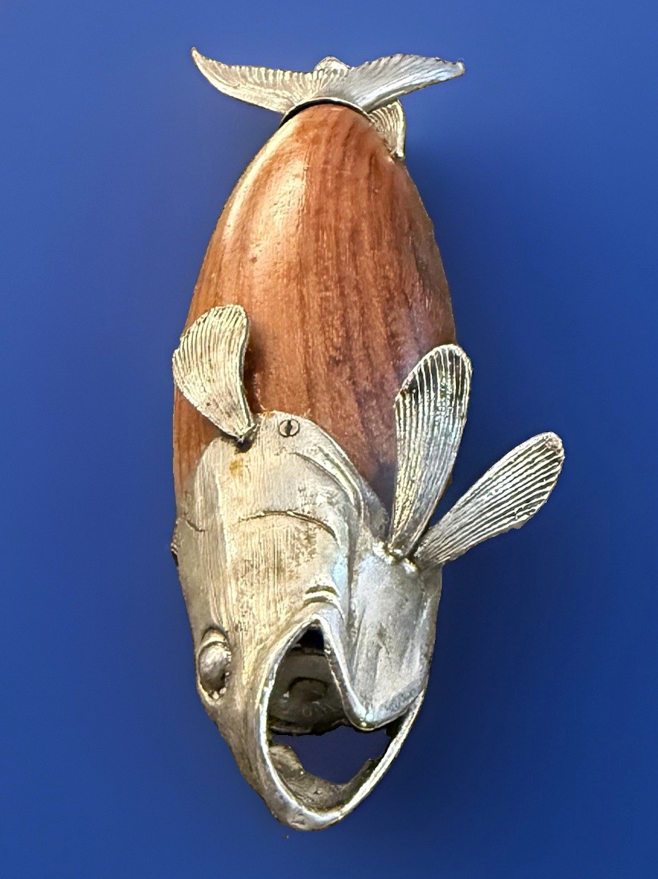 Vintage Tre Spade Italy Koi Carp Fish Pepper Mill Wood Silverplate Figural