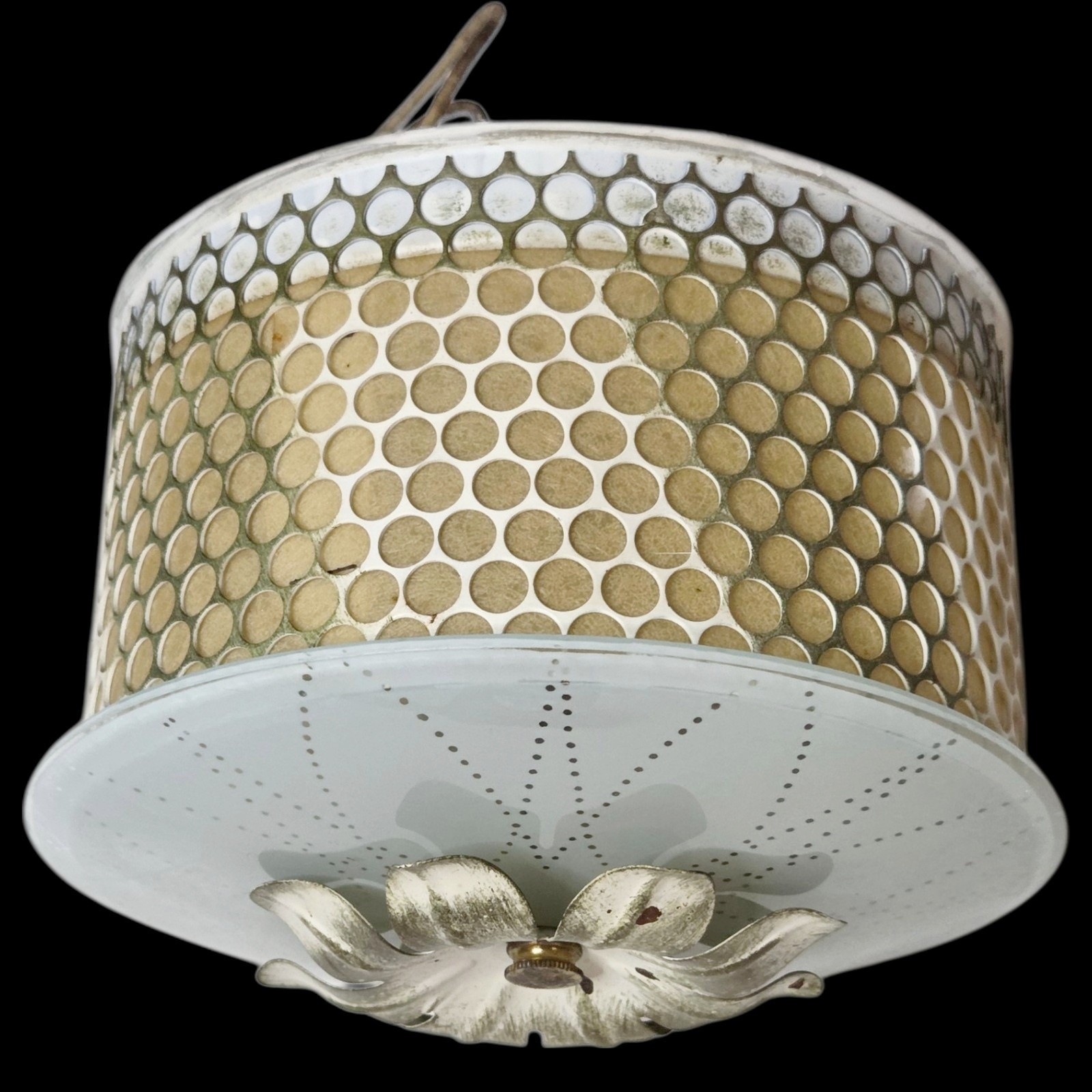 Vintage MCM Flush Mount Ceiling Light Atomic Floral Glass Perforated Metal Shade