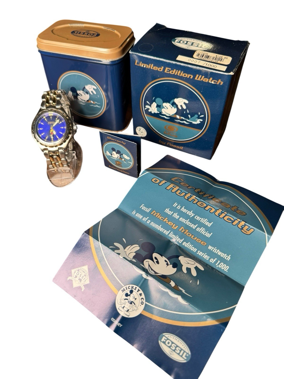 Fossil BLUE Water Resistant Mickey 50 Meter watch LE #850/1000 LI-1628 RARE NICE