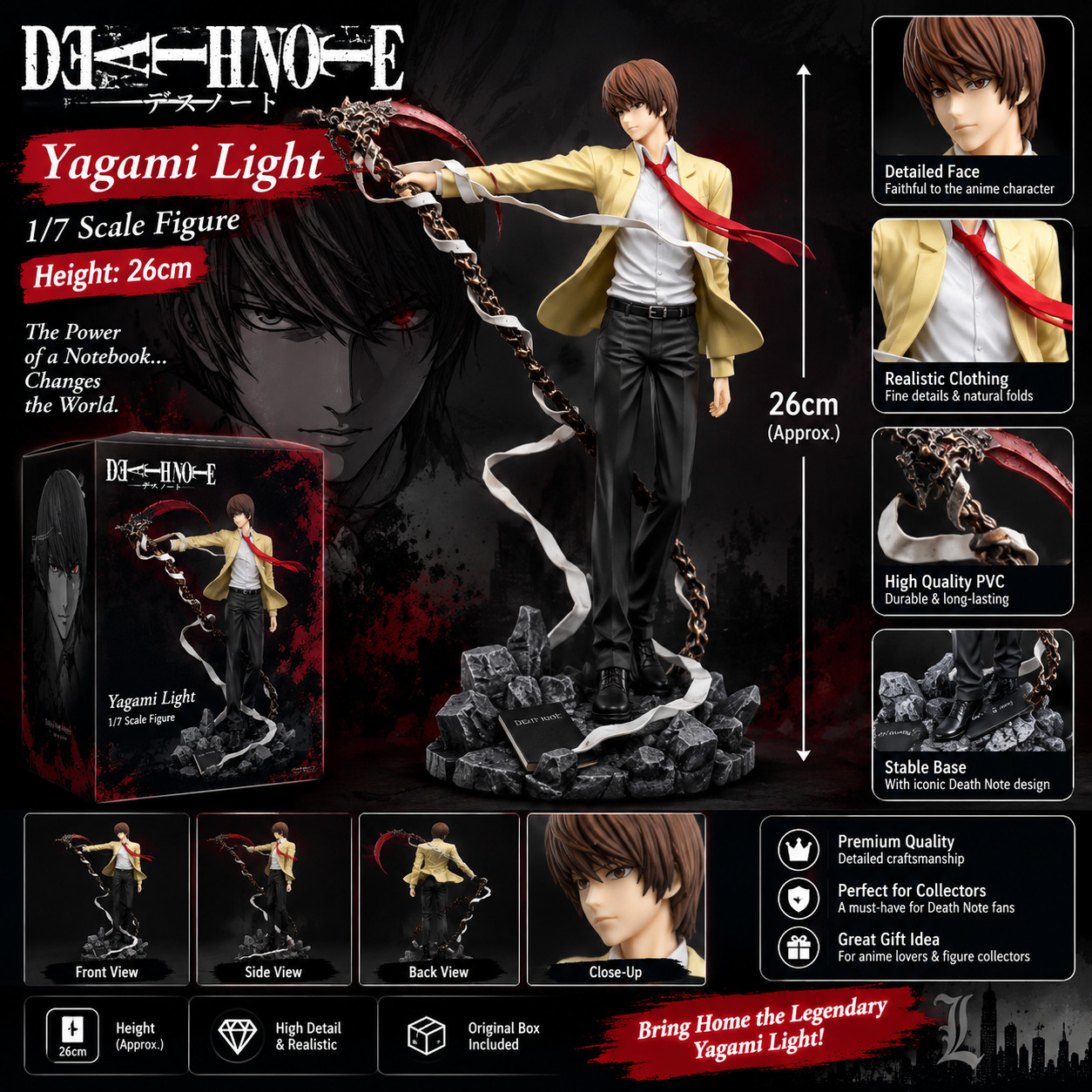 26cm Death Note Anime Yagami Light Action Figure Statue Figurines Pvc Collection