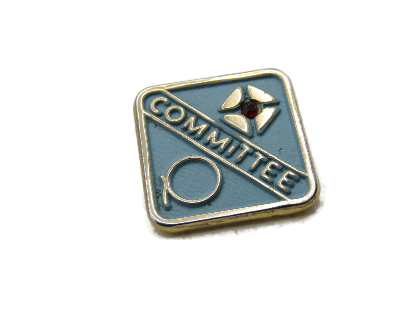 Vintage Committee Lapel Pin Screw Back Blue Enamel Gold Tone Red Rhinestone