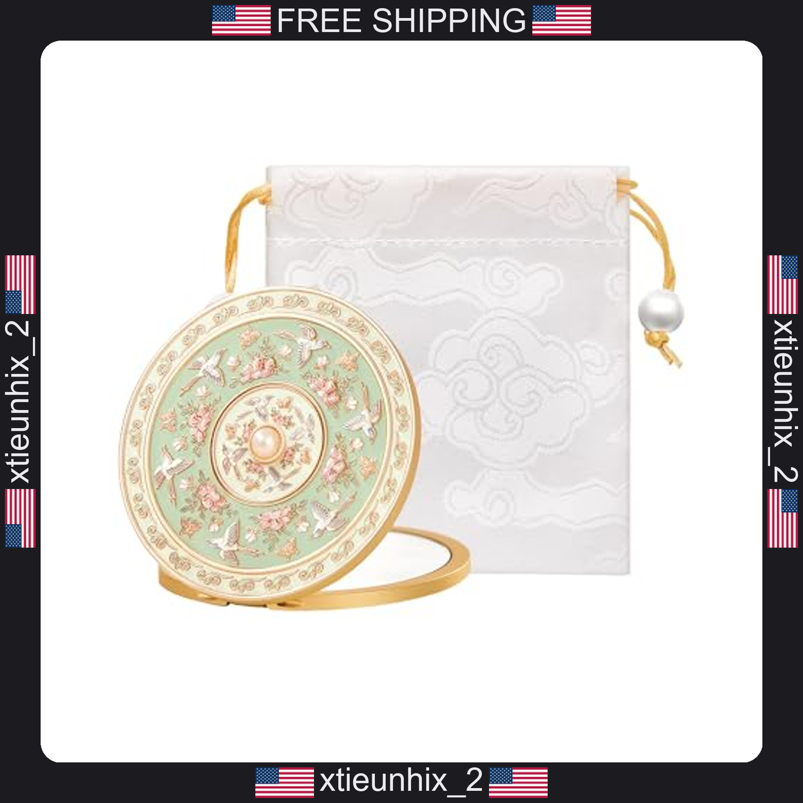 Vintage Compact Mirror with 2X Magnification and Cultural Design