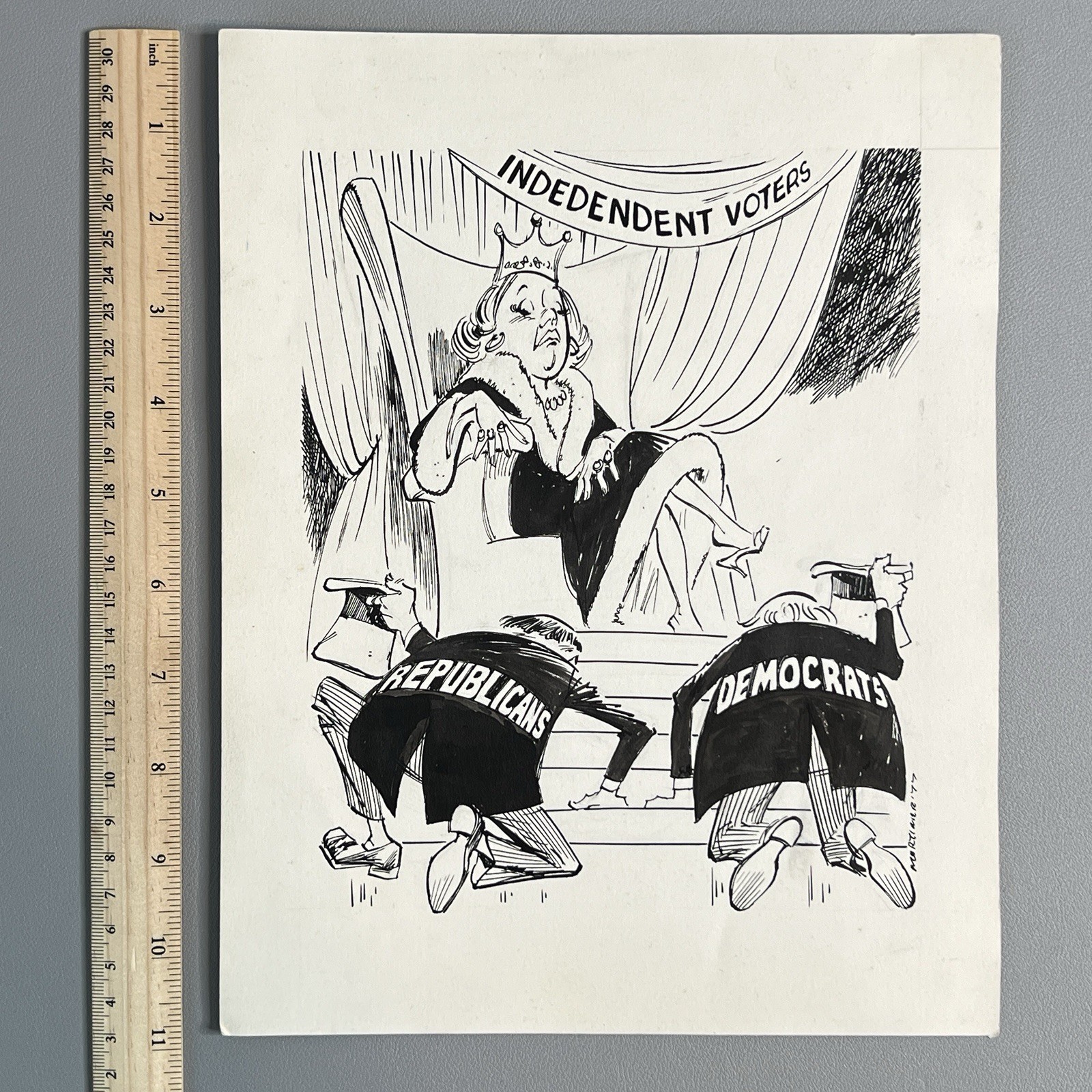 Vtg 1977 Original Ink Political Cartoon Art Independent Voters Signed Mortimer