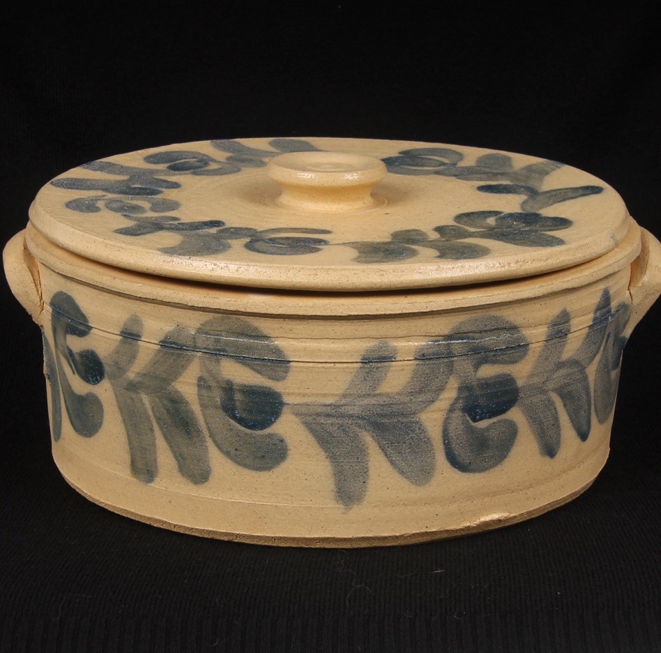 STONEWARE SIGNED Pottery B Stebner Americana Salt Glaze Cake Crock Cobalt Lid