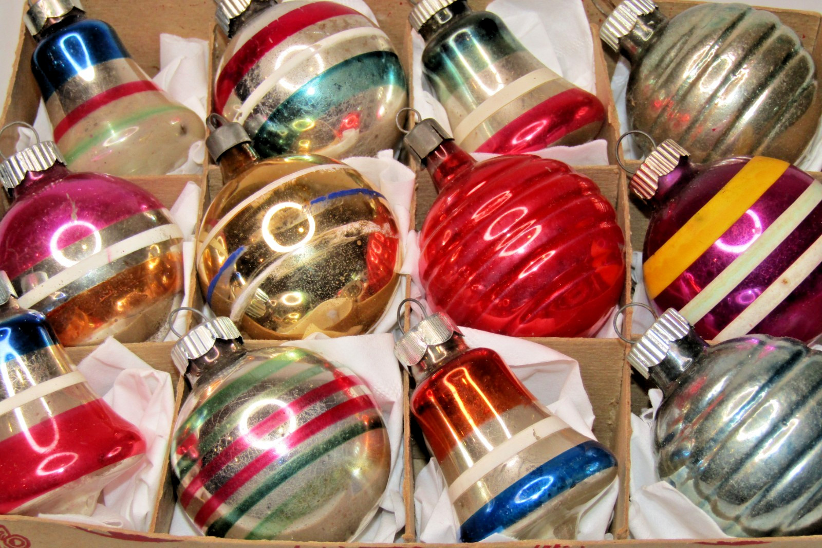 Lot VTG Glass Assorted Striped BALL BELL BALL Christmas Ornaments Shiny Brite