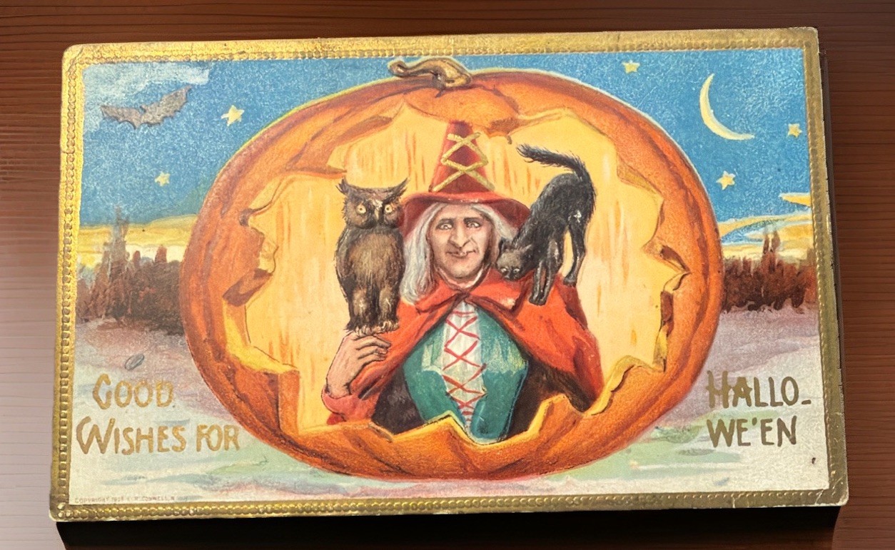 1909 Halloween Postcard Witch Black Cat Owl Jack O Lantern Embossed
