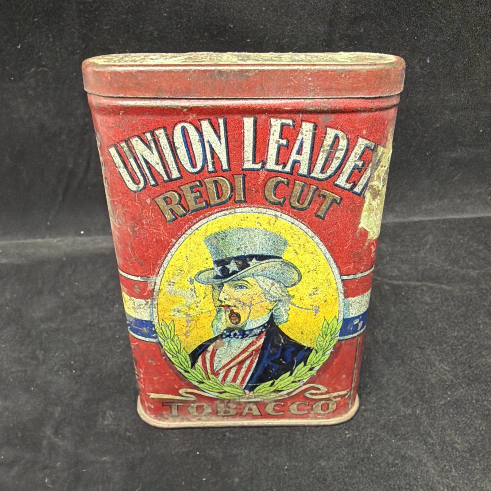 Vintage Union Leader Redi Cut Uncle Sam Pocket Tin Gold Background