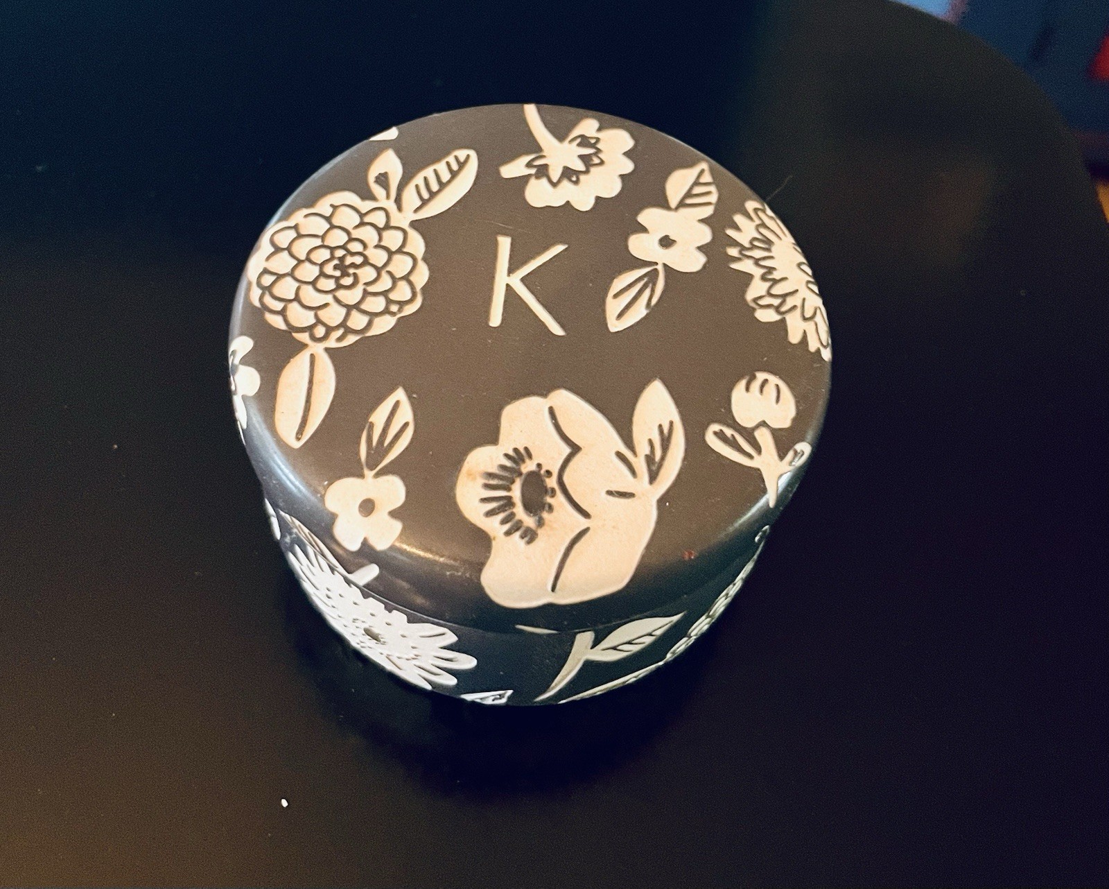 Anthropologie Lidded Trinket Jar Floral Design With “K” Initial