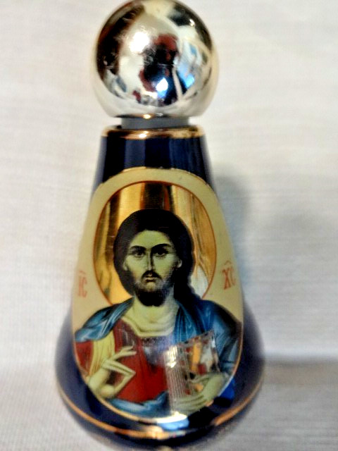 Vtg Greek Orthodox Ceramic Holy Water Vessel, Byzantine Jesus & Mary, 24k Gold