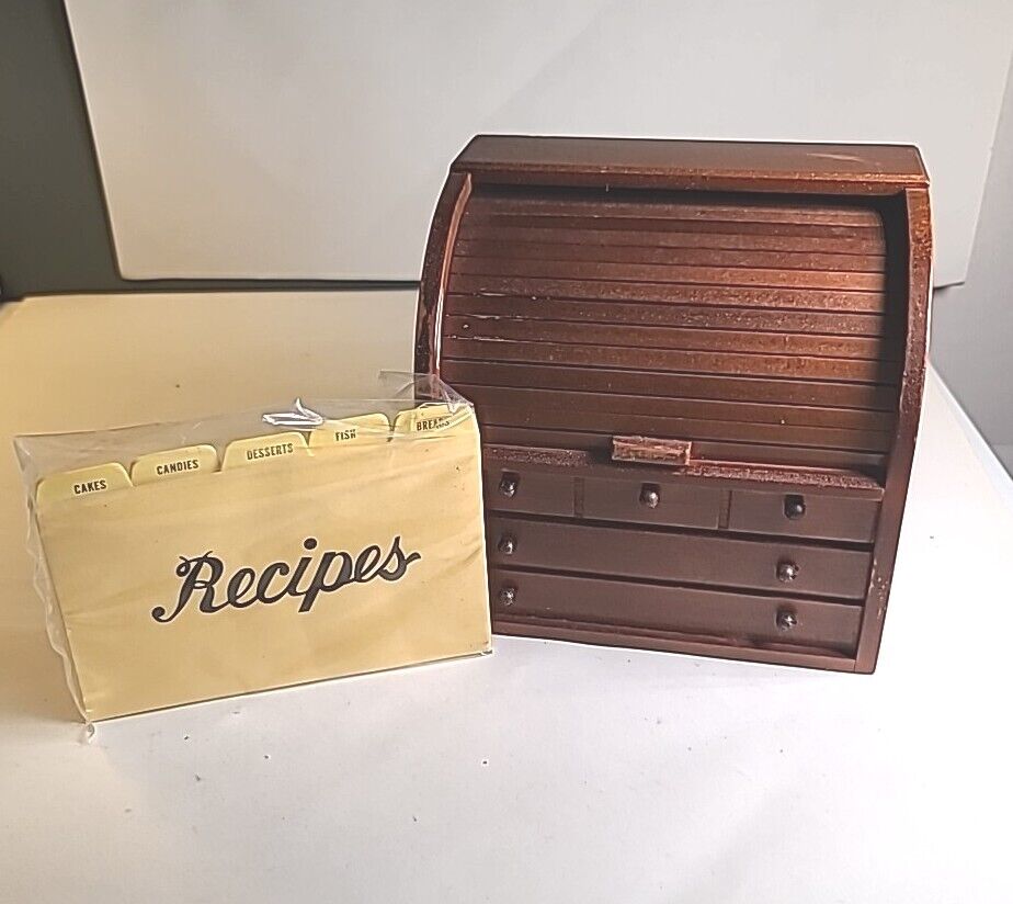 Vintage INTERPEUR Mini Roll Top Desk Wooden Recipe Box With Cards 