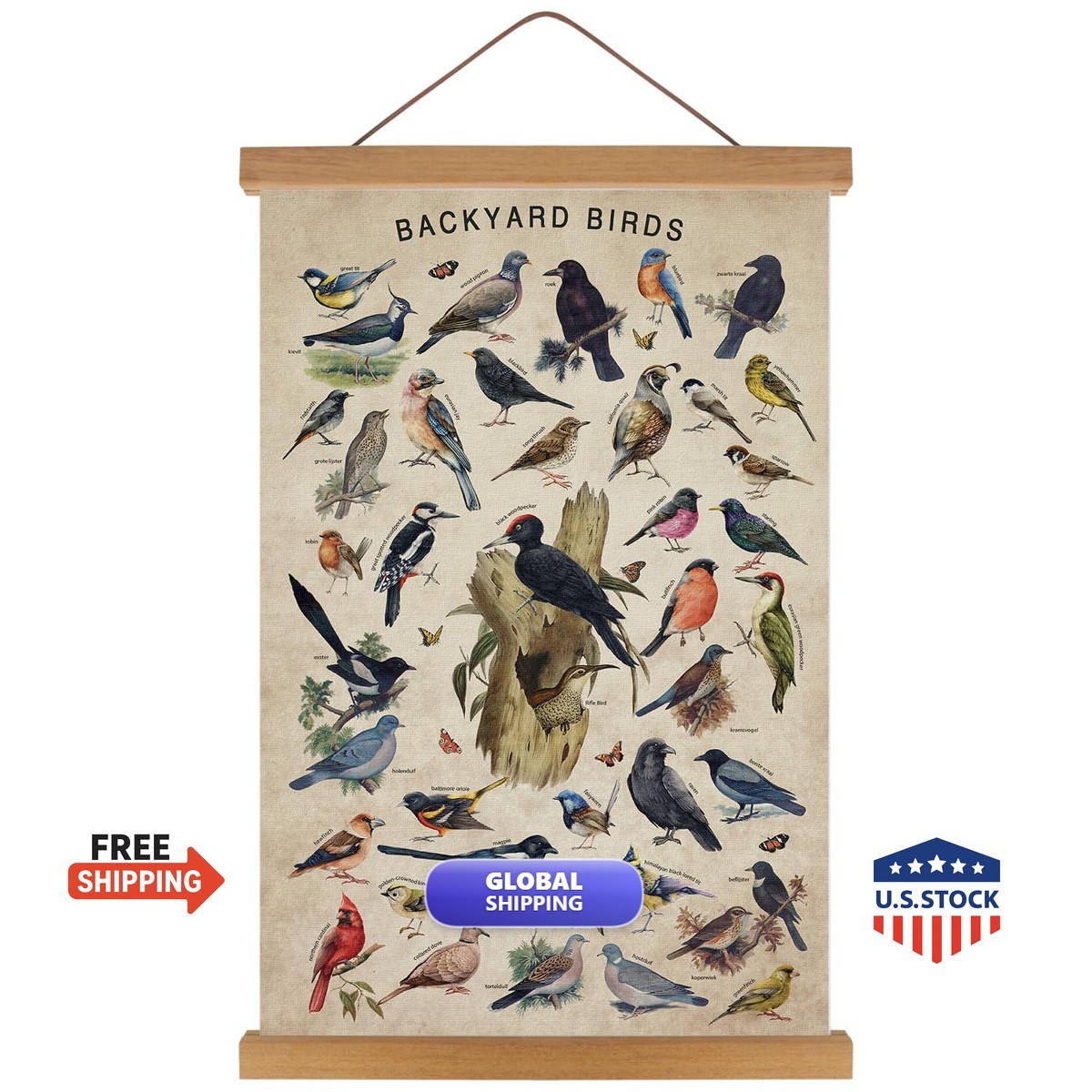 KAIRNE Vintage Backyard Birds Canvas Wall Art Set 35x56cm Hummingbird