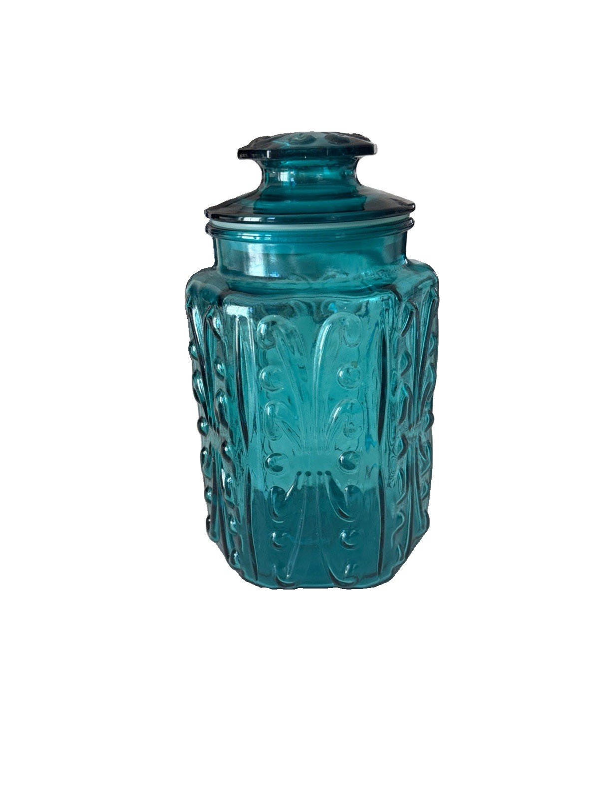 Vintage L.E. Smith Atterbury Scroll Canister Teal Blue Glass W/Lid, 9.5’