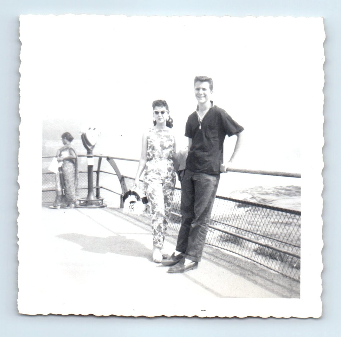Old Vintage Square Photo MAN WOMAN COUPLE ON OBSERVATION DECK SNAPSHOT