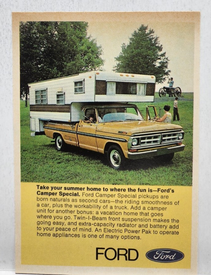 1970 Ford Camper Special Yellow Retro Original Print Ad 70's