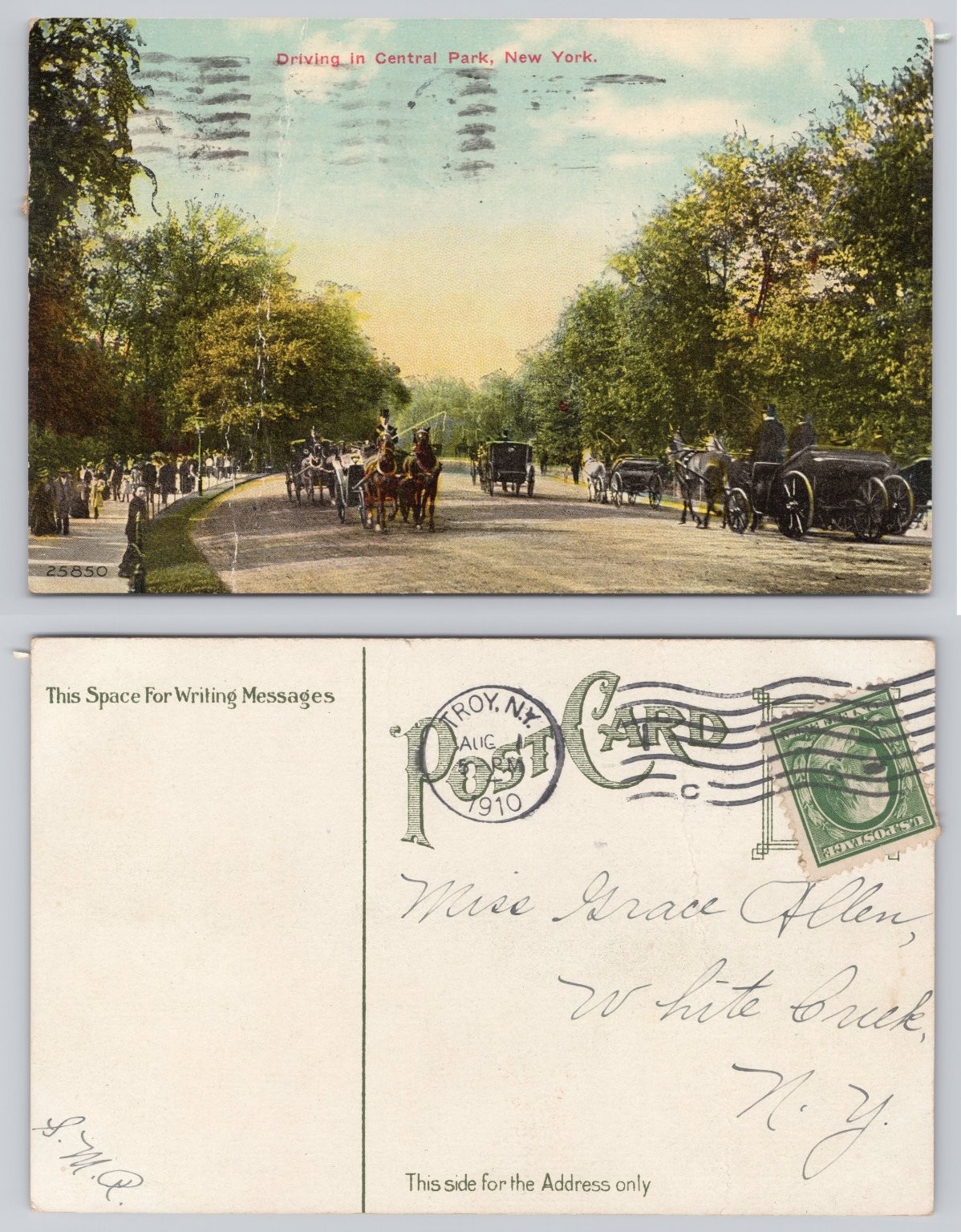 1910 Central Park New York NYC Horse Carriages Early Autos Postcard
