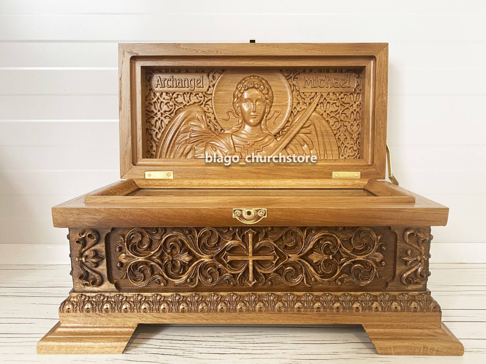 Orthodox Reliquary Box Wood Carved Ark Handcarved with Archangel Michael 12.6\