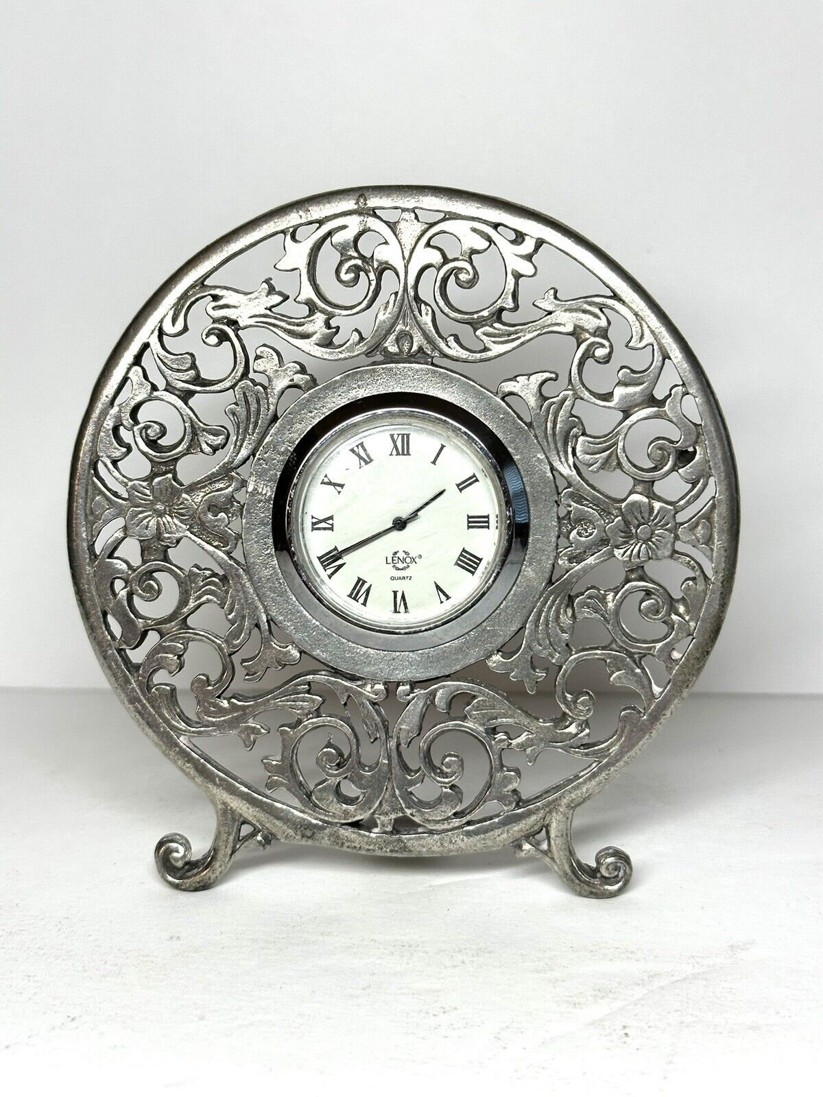 Lenox Pewter Filigree Clock by Kirk Stieff 3.75”