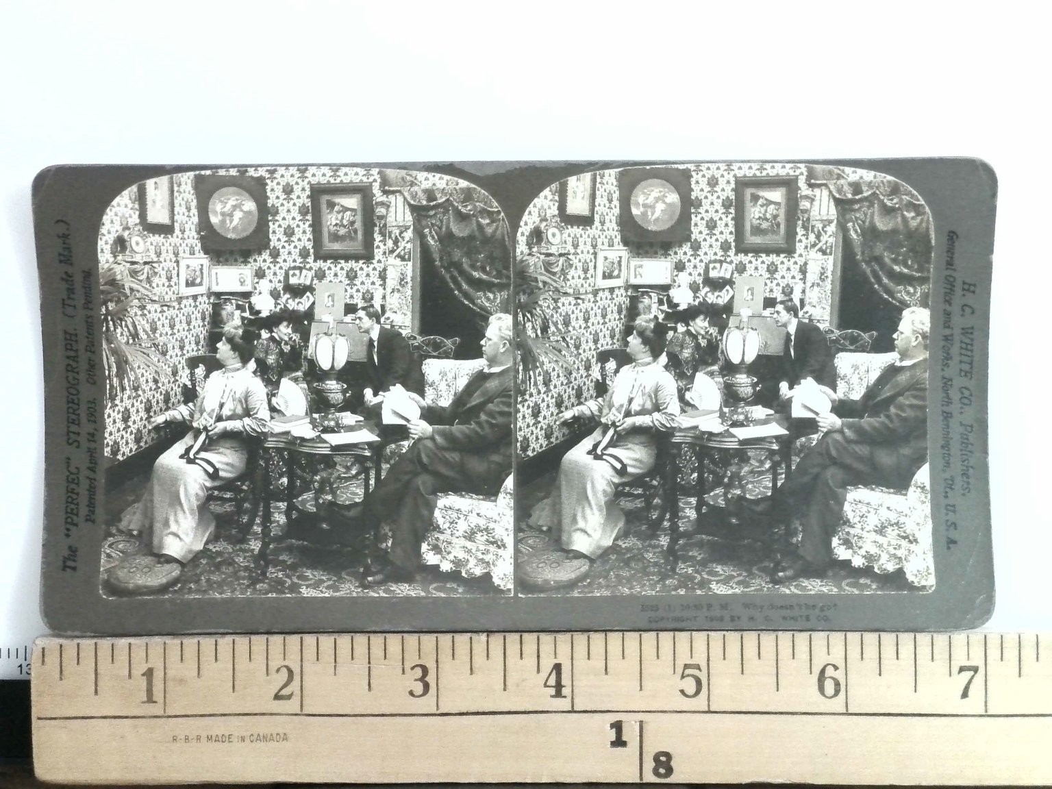 Why Doesn\'t He Go? Stereoview H.C. White Co. 1908 Victorian Parlor