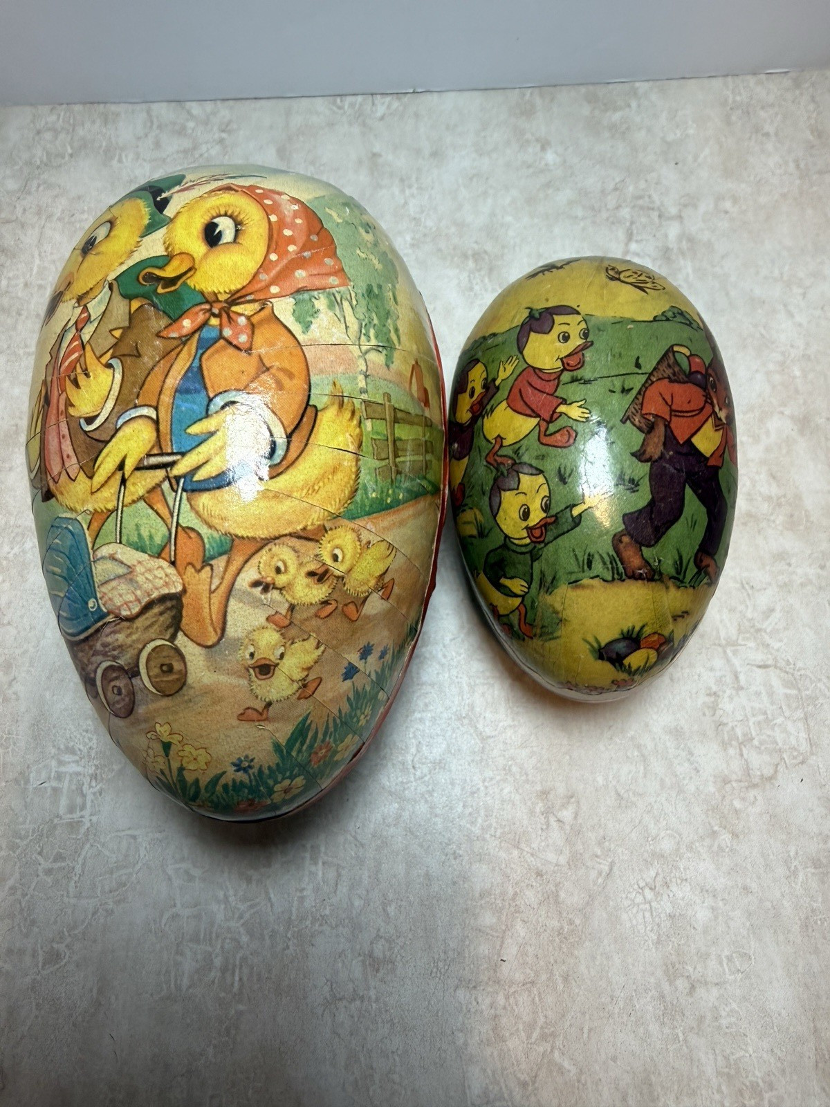 Paper Mache Easter Eggs Lot of 2 VTG West Germany & East Germany Litho Graphics