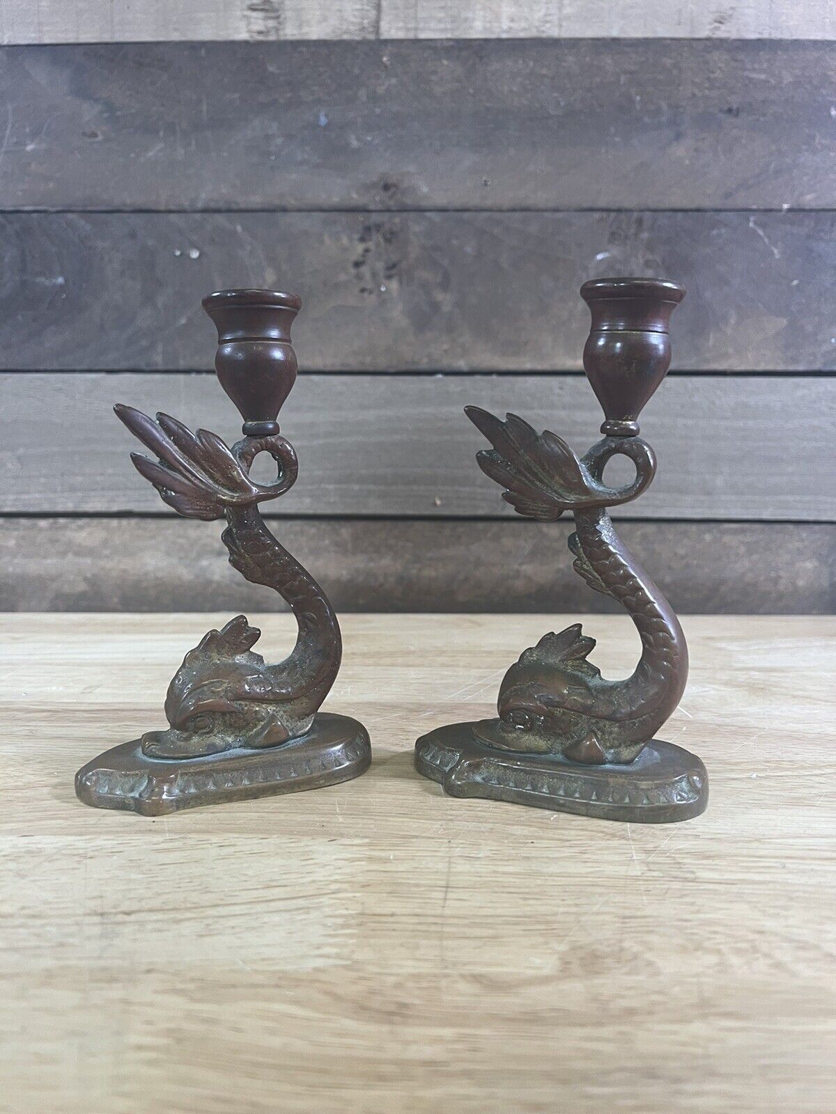 Vintage Pair Of Brass Coi Fish Candlestick Holders