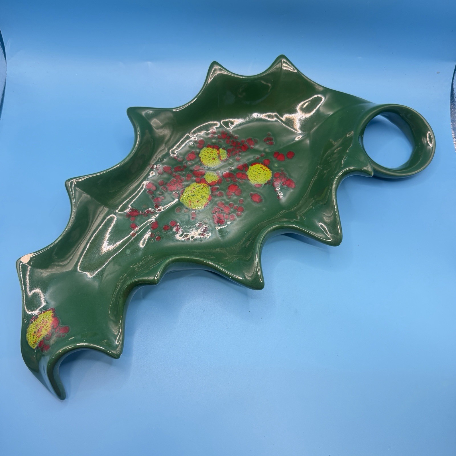 Vintage Green Ceramic Holly Leaf Serving Dish Christmas Candy Tray 15”