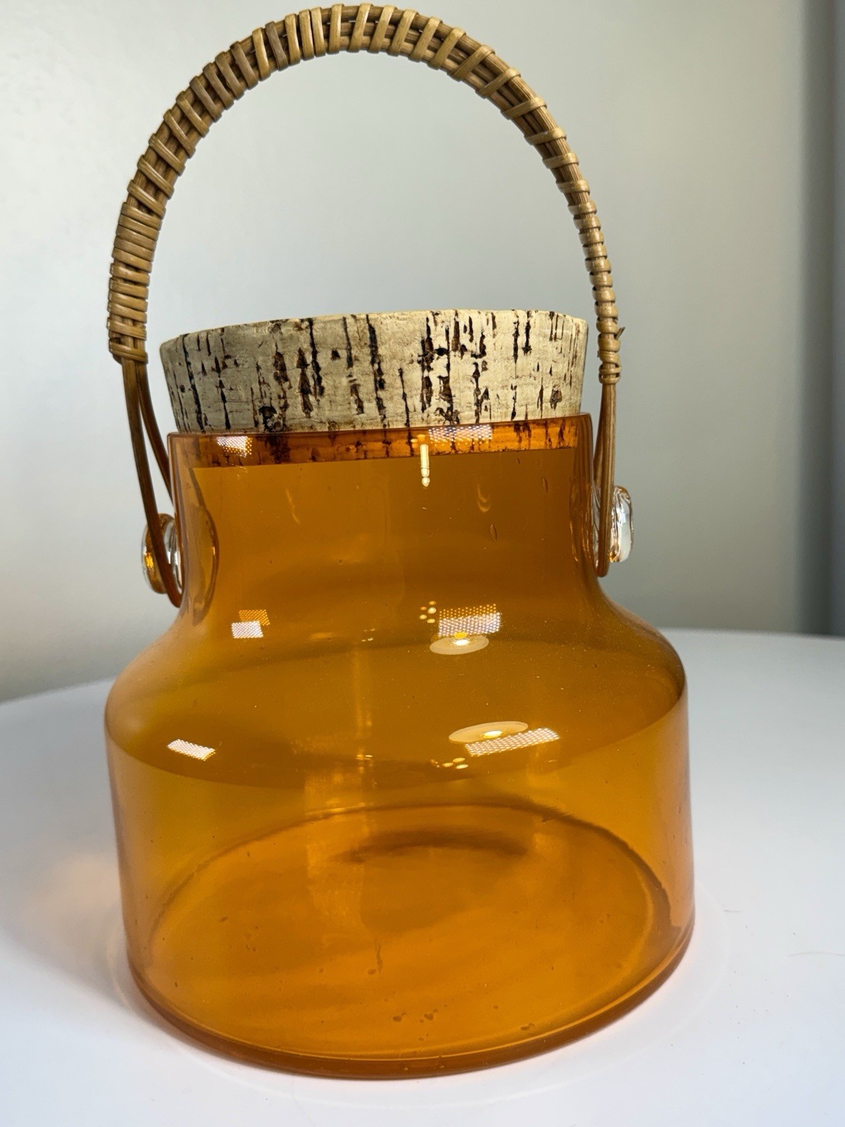 Vintage Hand Blown Takahashi Amber Glass Jar Rattan Handle Cork Lid Apothecary