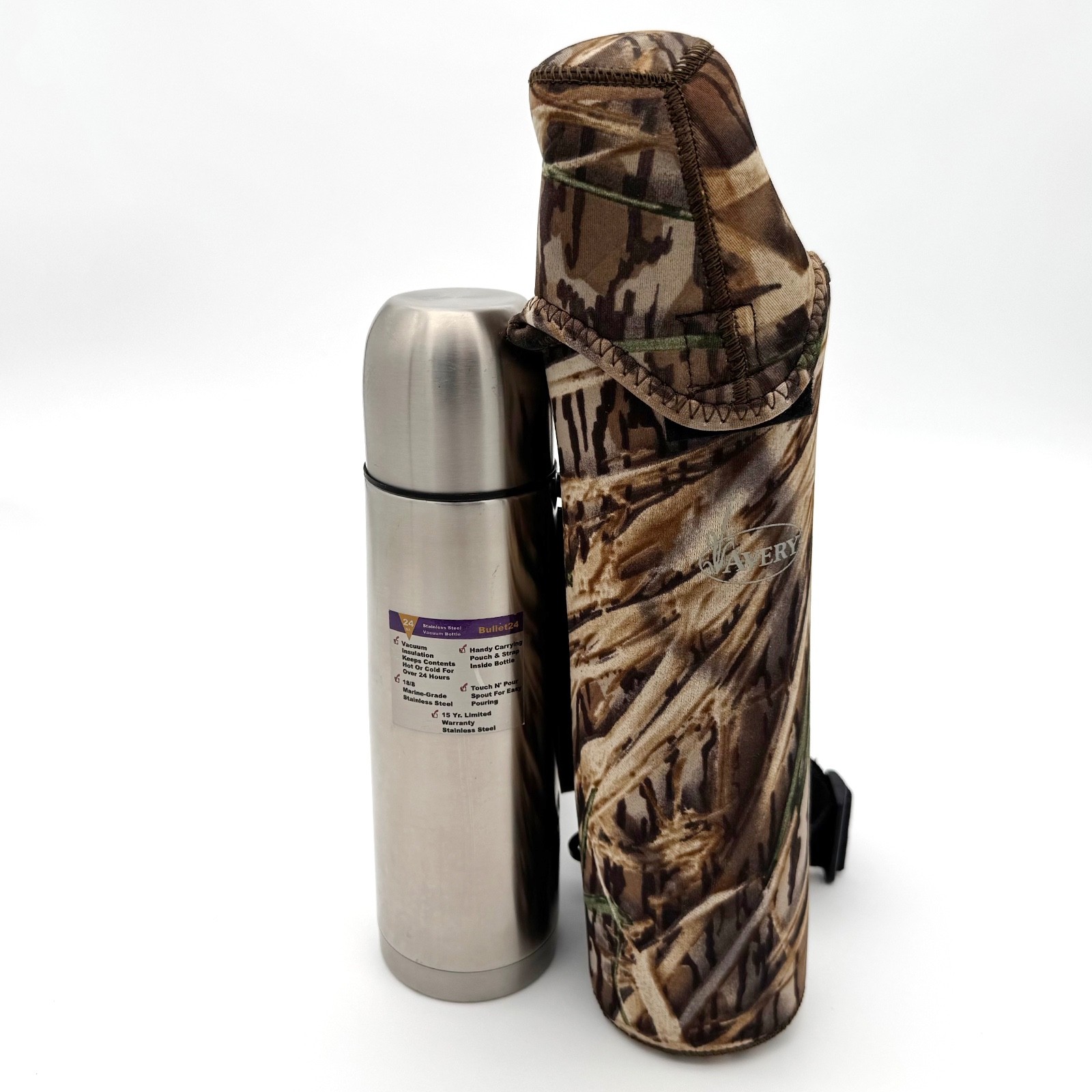 Vintage Liquid Solution Bullet24 Thermos W/ Wavery Camo Carry Sleeve 24oz