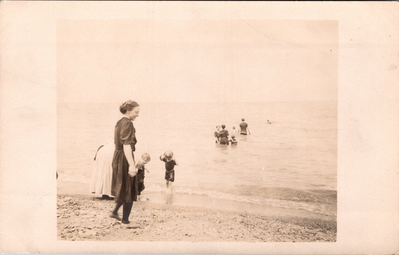 Postcard Real Photo RPPC Woman with Small Children in Lake Erie North East Pa
