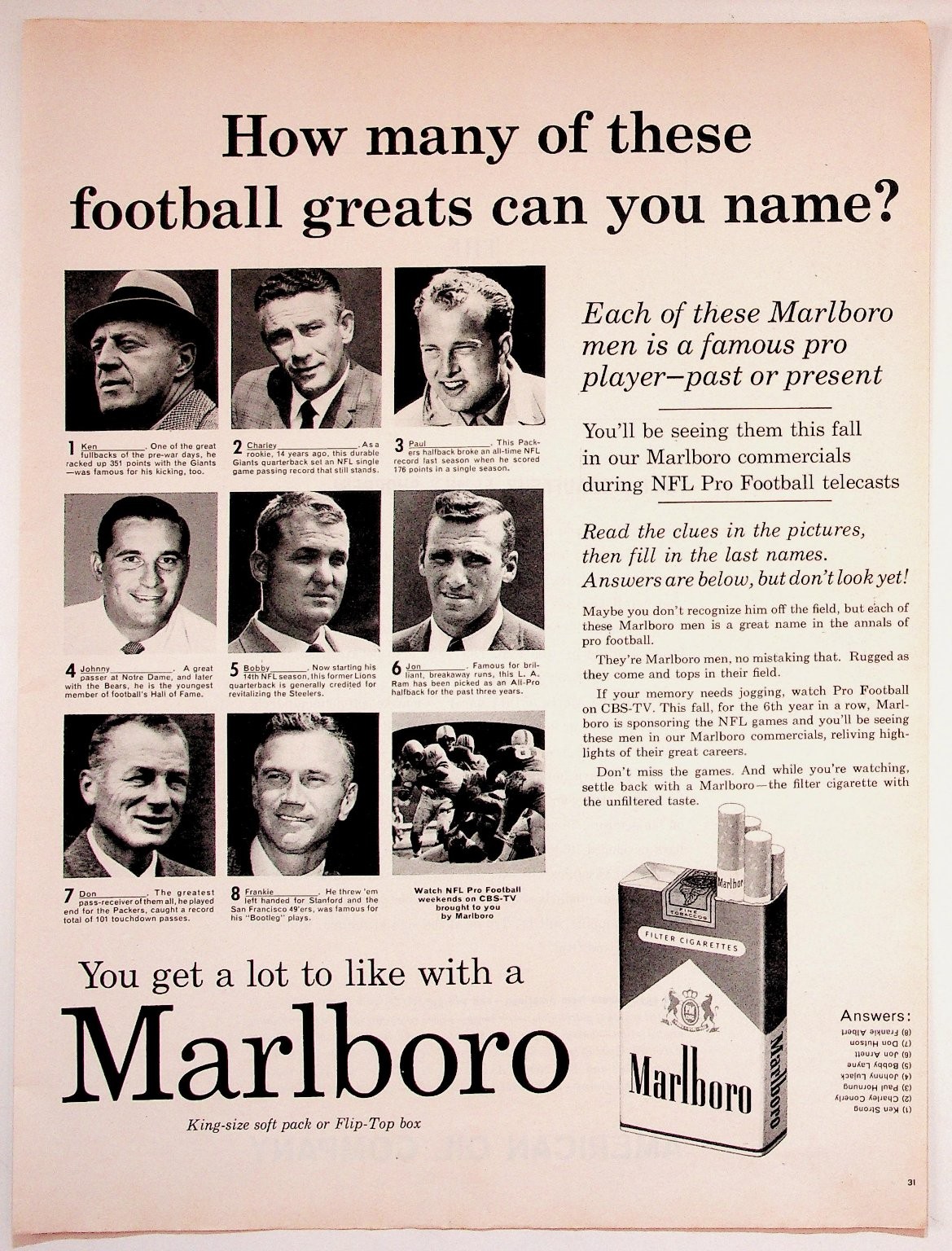 Marlboro 1961 Vintage Print Advertisement Football Greats 10x13