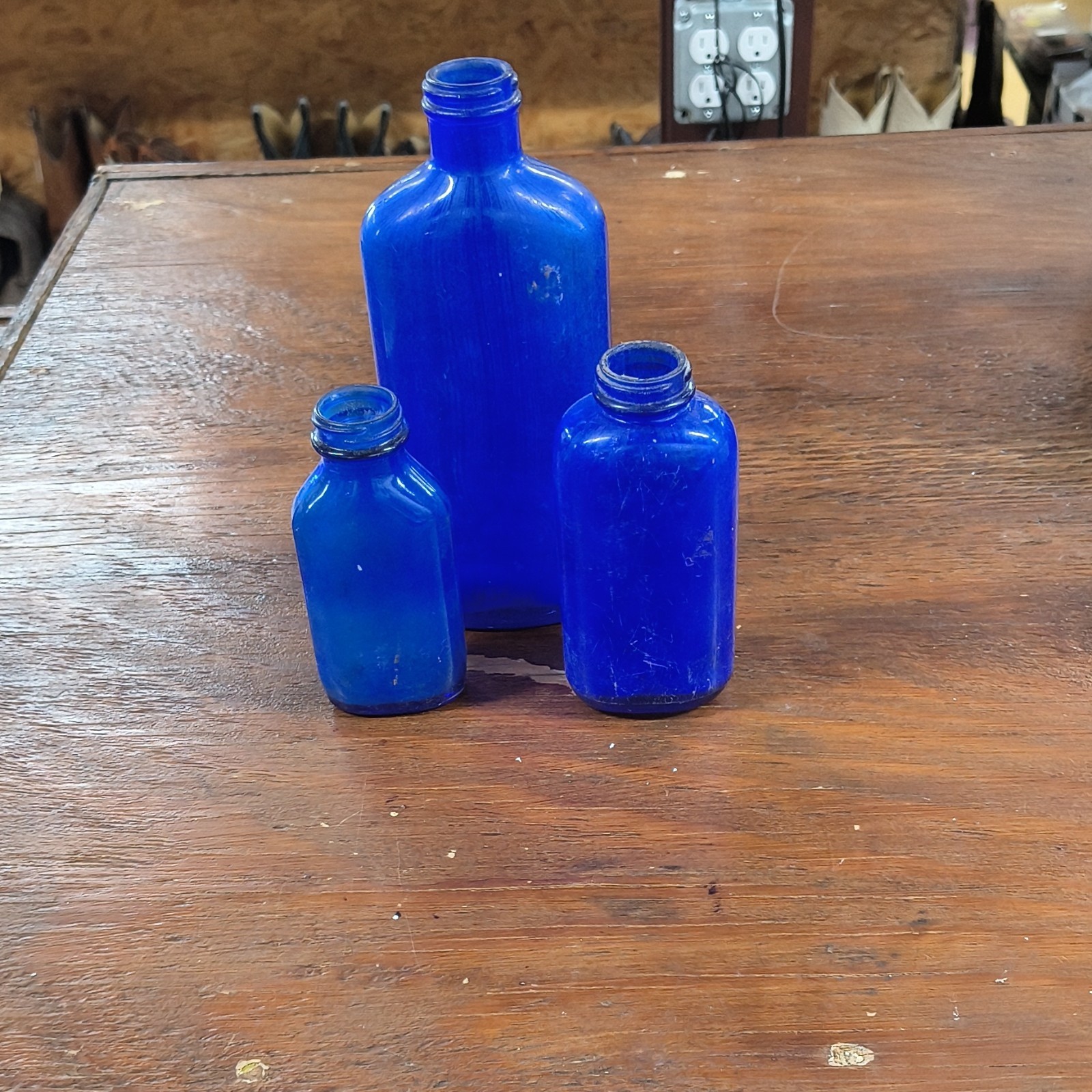 Lot of 3 Cobalt Blue Glass Bottles, Unlabeled, Blue Glass Bottle Lot