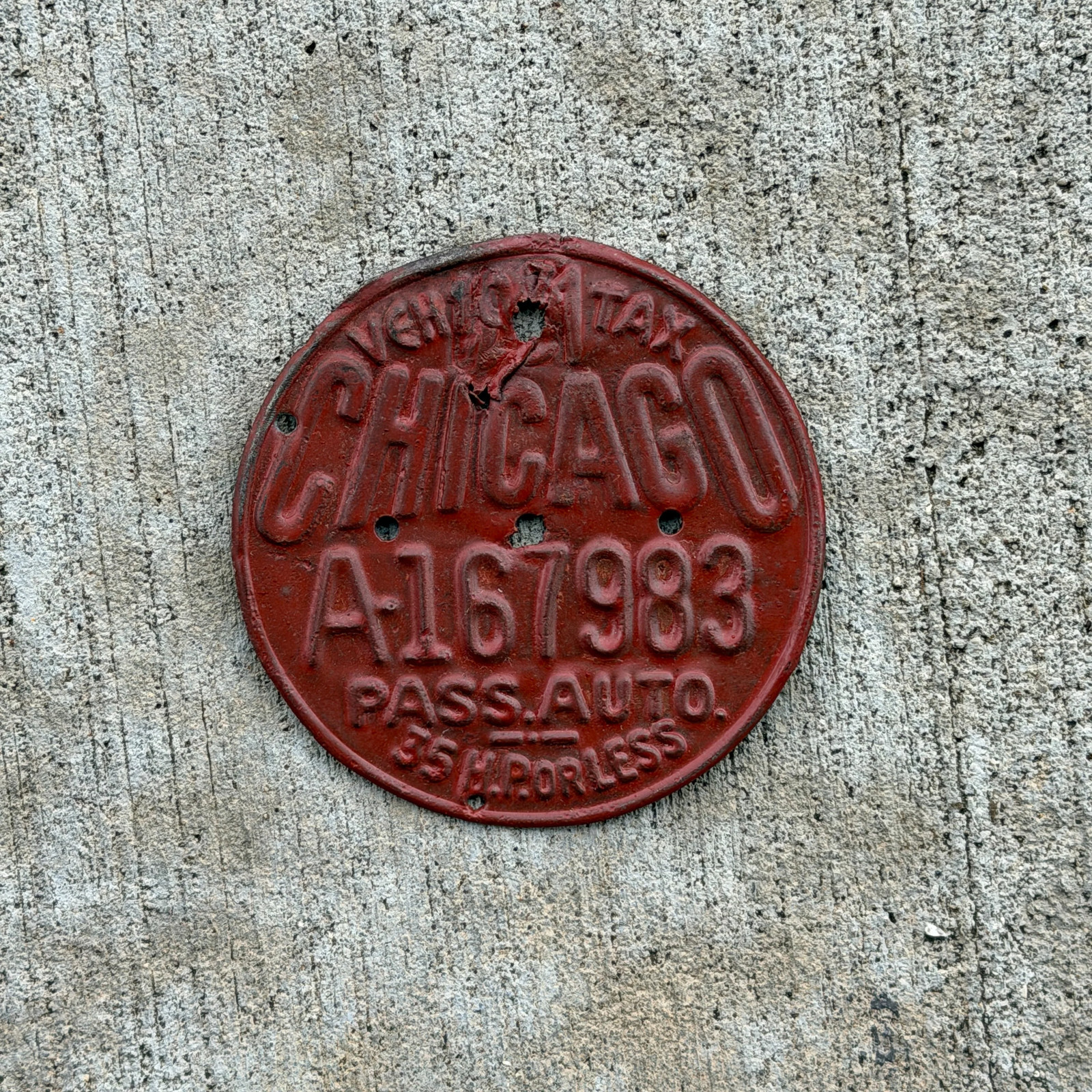 1931 Chicago Illinois Vehicle Tax Tag License Plate Auto Tag A 167983