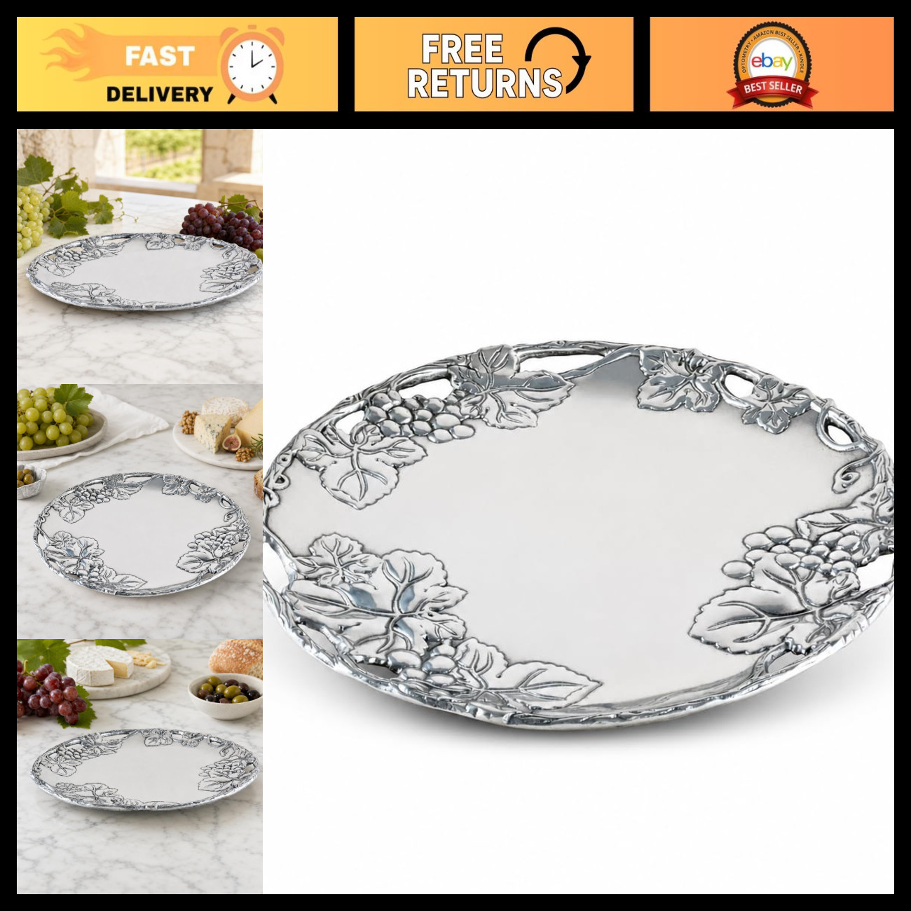 Elegant 12-Inch Aluminum Round Serving Plate with Grape Pattern - Perfect for En