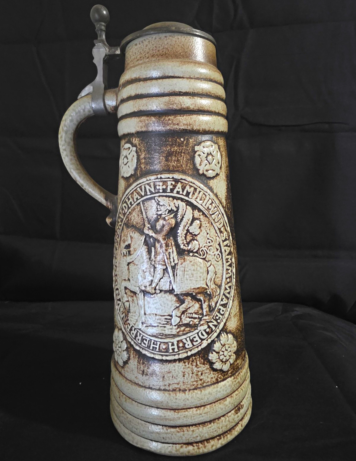 11 inches tall - GERZ W. Germany -Beer Stein Hinged Lid Relief Scenes Breweriana