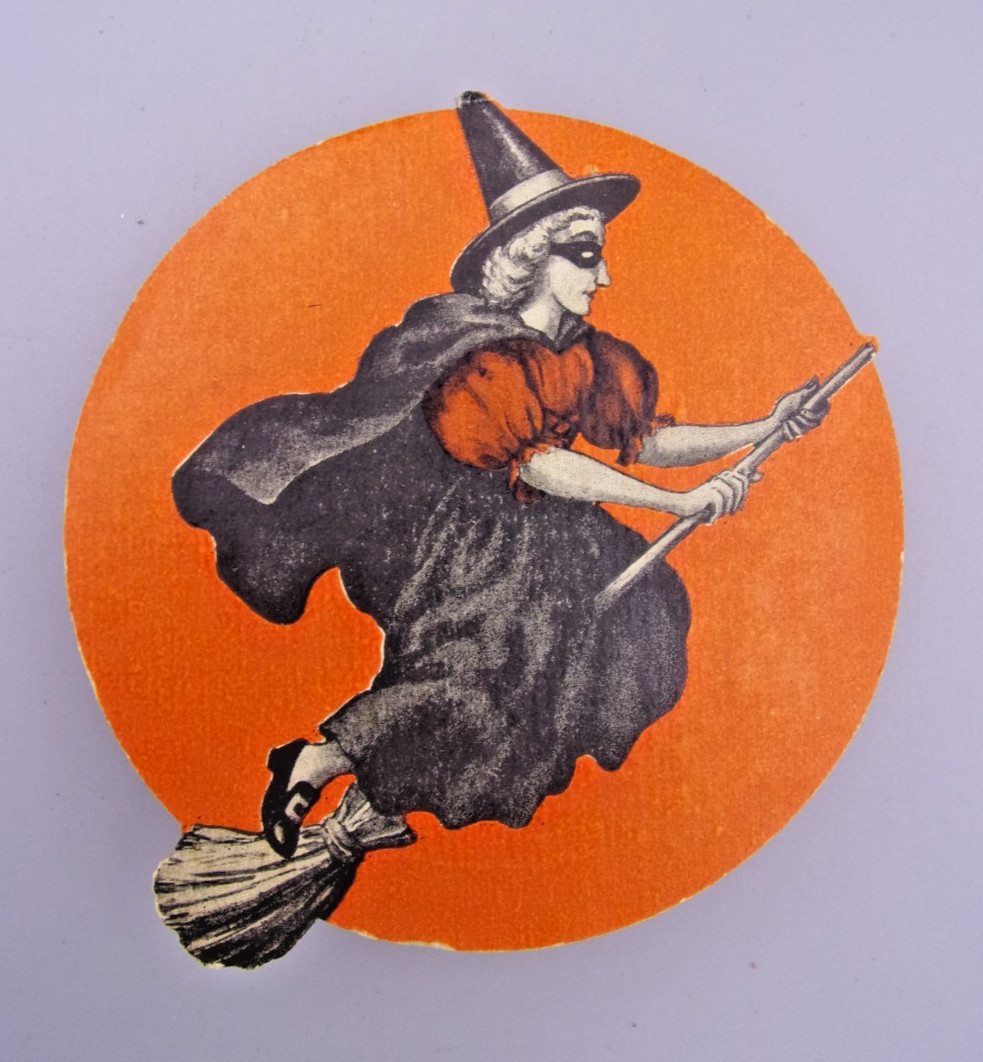 Vintage Flying Witch On Broom Die Cut Halloween Round Candy Box RARE