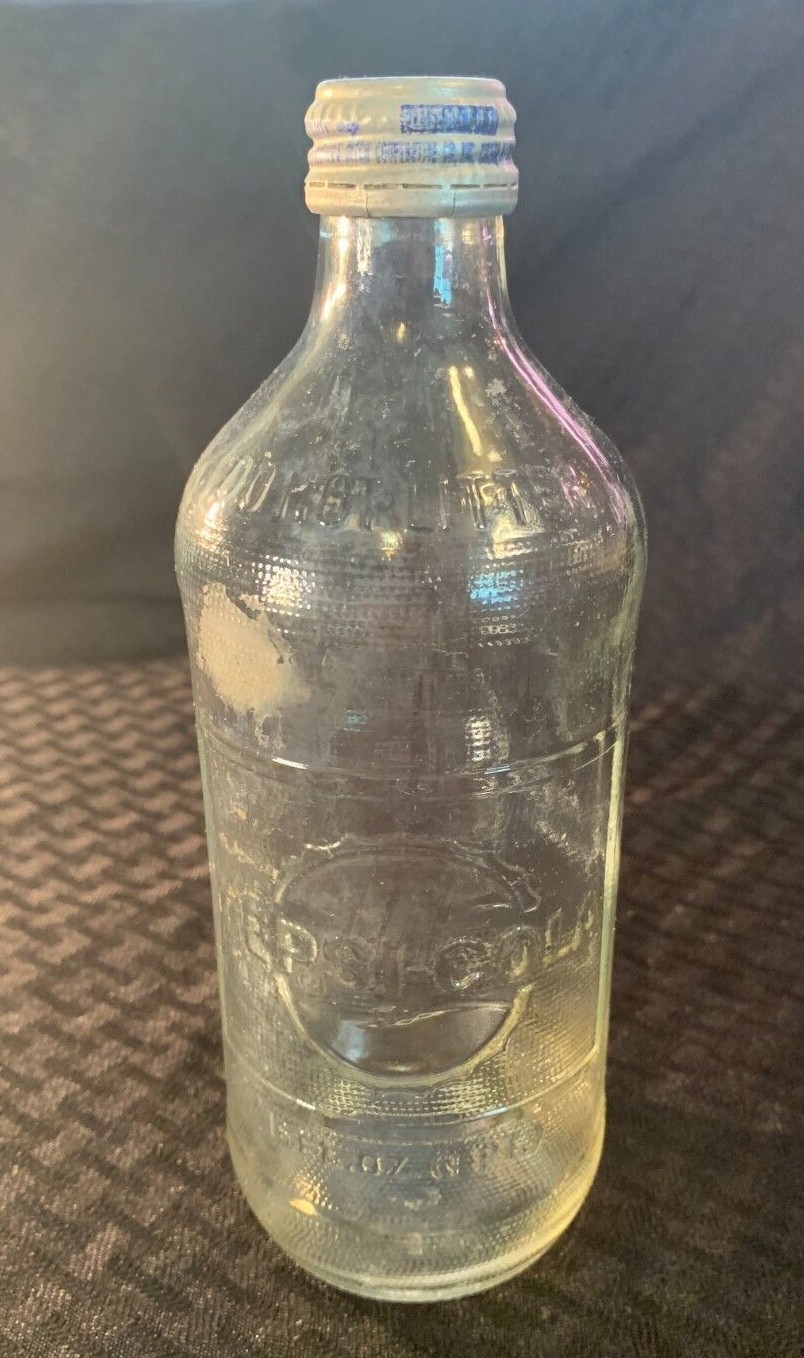 VINTAGE SODA POP PEPSI COLA 16 oz BOTTLE CLEAR GLASS 1970 W/PEPSI EMBOSS PEBBLED