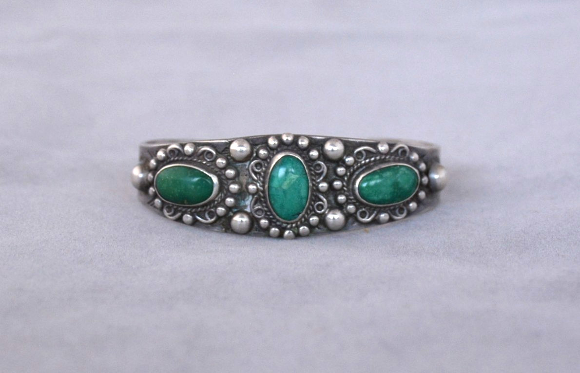 Old Pawn Navajo Sterling Silver Bracelet - 3 Turquoise Stones w. Applique - 5.75 Old Pawn Navajo Sterling Silver Bracelet - 3 Turquoise Stones w. Applique - 5.75