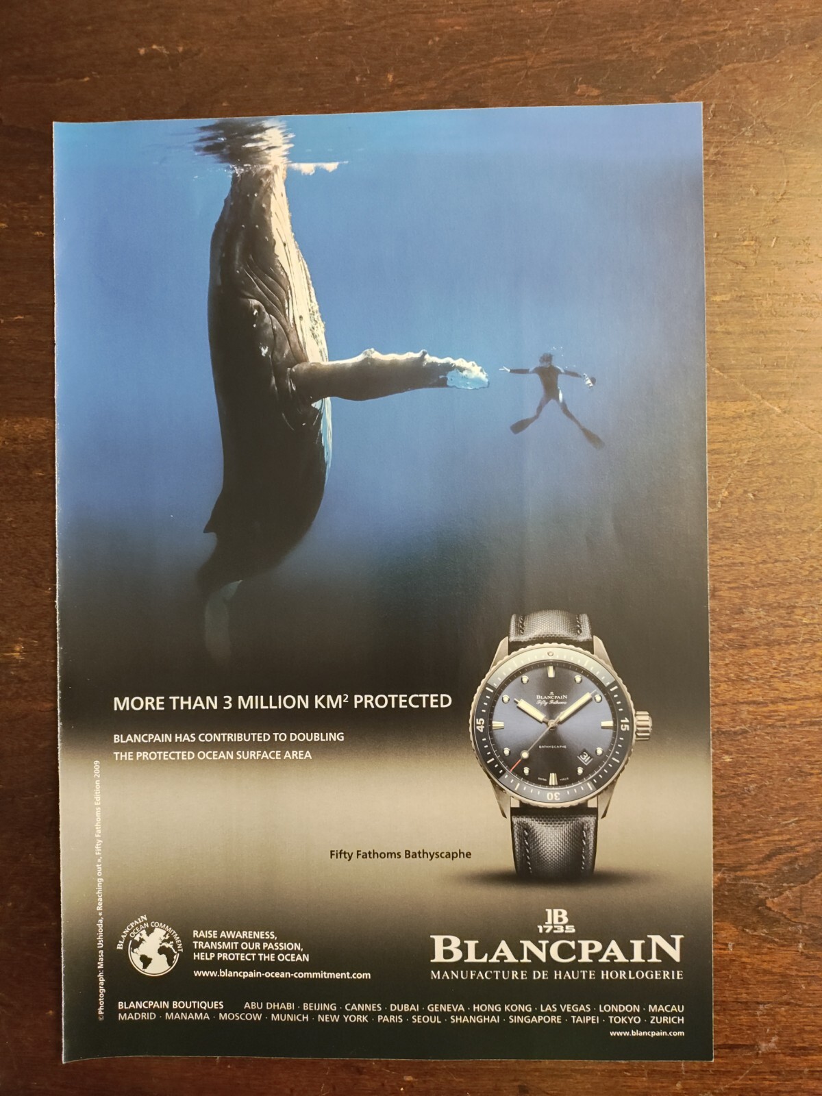 Blancpain Full Page Color Vintage Magazine AD Fifty Fathoms Bathyscaphe Whale 