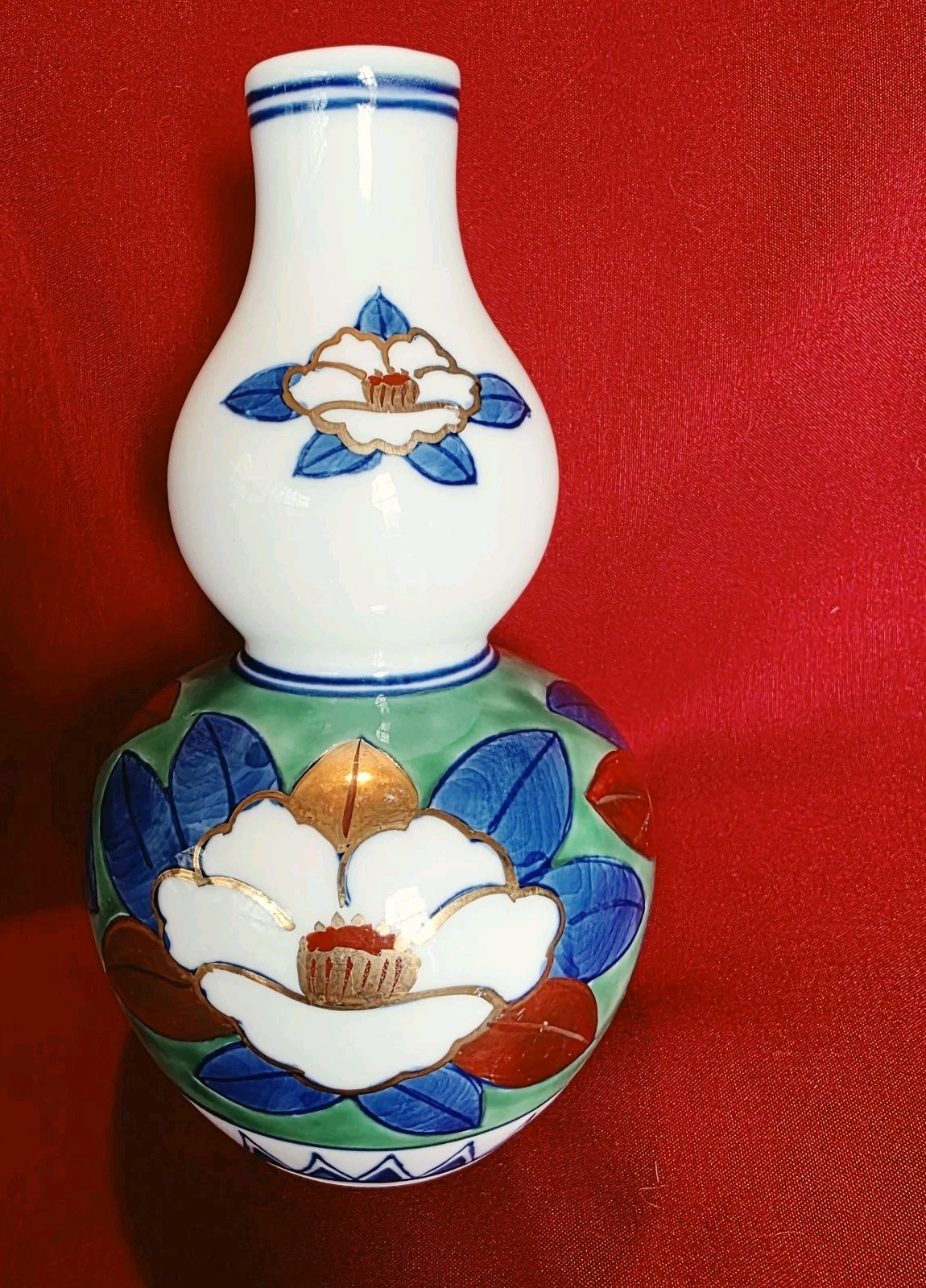 Japanese Kutani Porcelain Double Gourd Sake Bottle Tokkuri Vase Plum Bamboo Pine