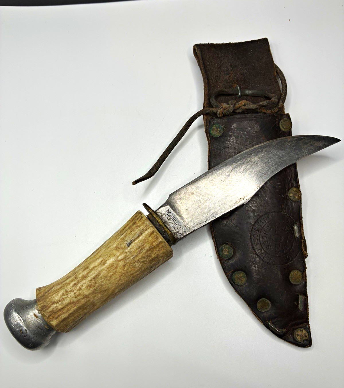 Marble\'s Gladstone Vintage Fixed Blade Hunting Knife Clip Point Stag W/Sheath