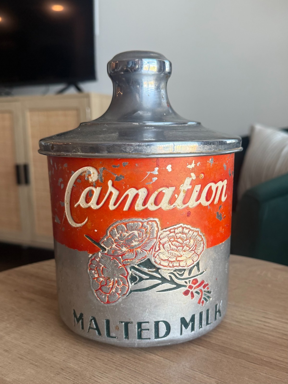 Vintage Carnation Malted Milk Metal Canister with Lid 1930s Vintage Carnation Malted Milk Metal Canister with Lid 1930s