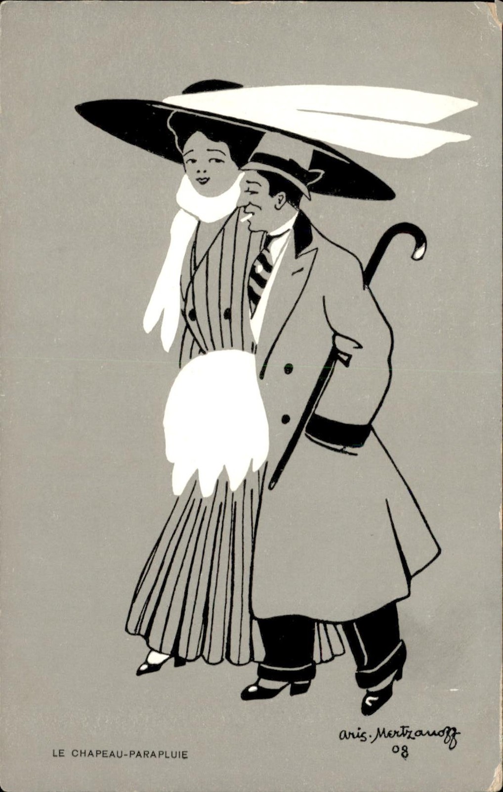 Art Deco Hat Umbrella Couple Aris Mertzanoff Artist Signed Vintage Postcard