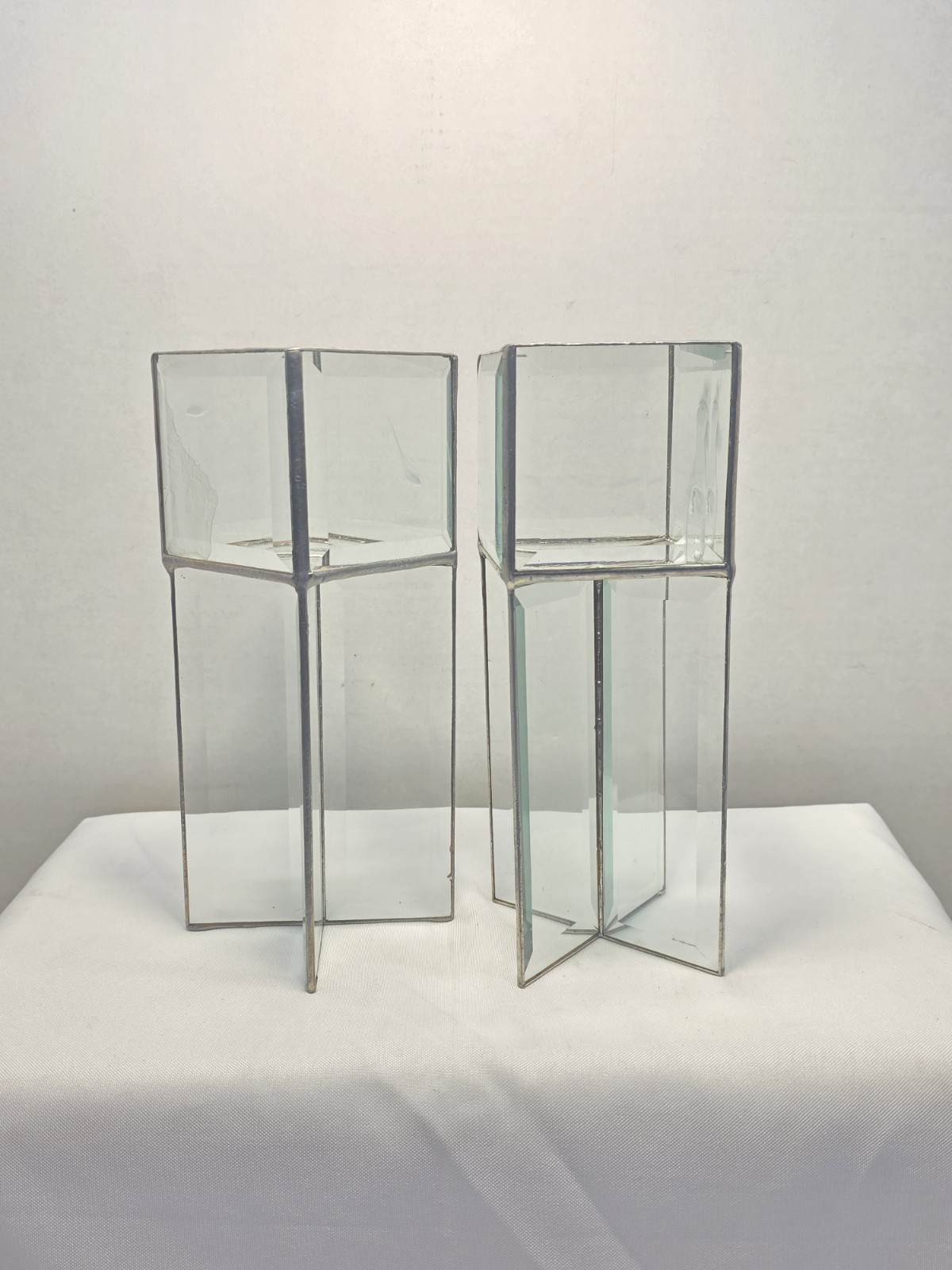 2 Vintage Clear Beveled Modernist Leaded Glass Art Geometric Candleholders