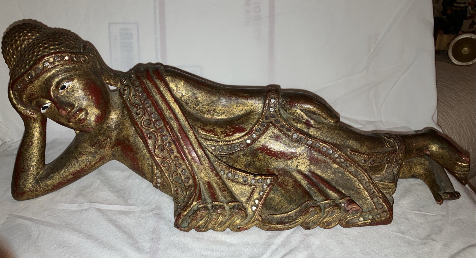 Vintage Reclining Wooden Buddha Statue 16” Long