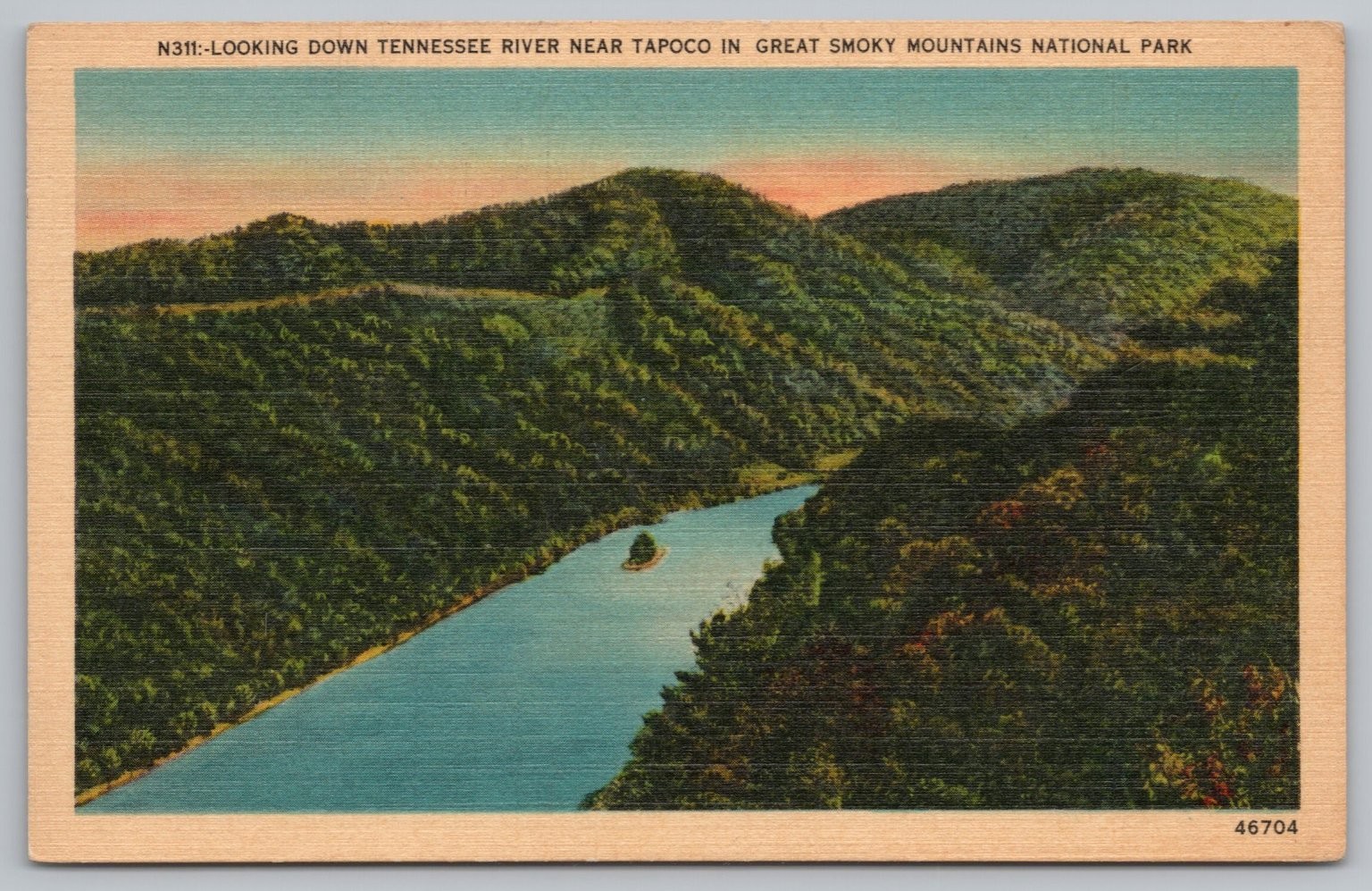 Tennessee River Tapoco Great Smoky Mountains NC Linen Postcard 1940s Billings MT