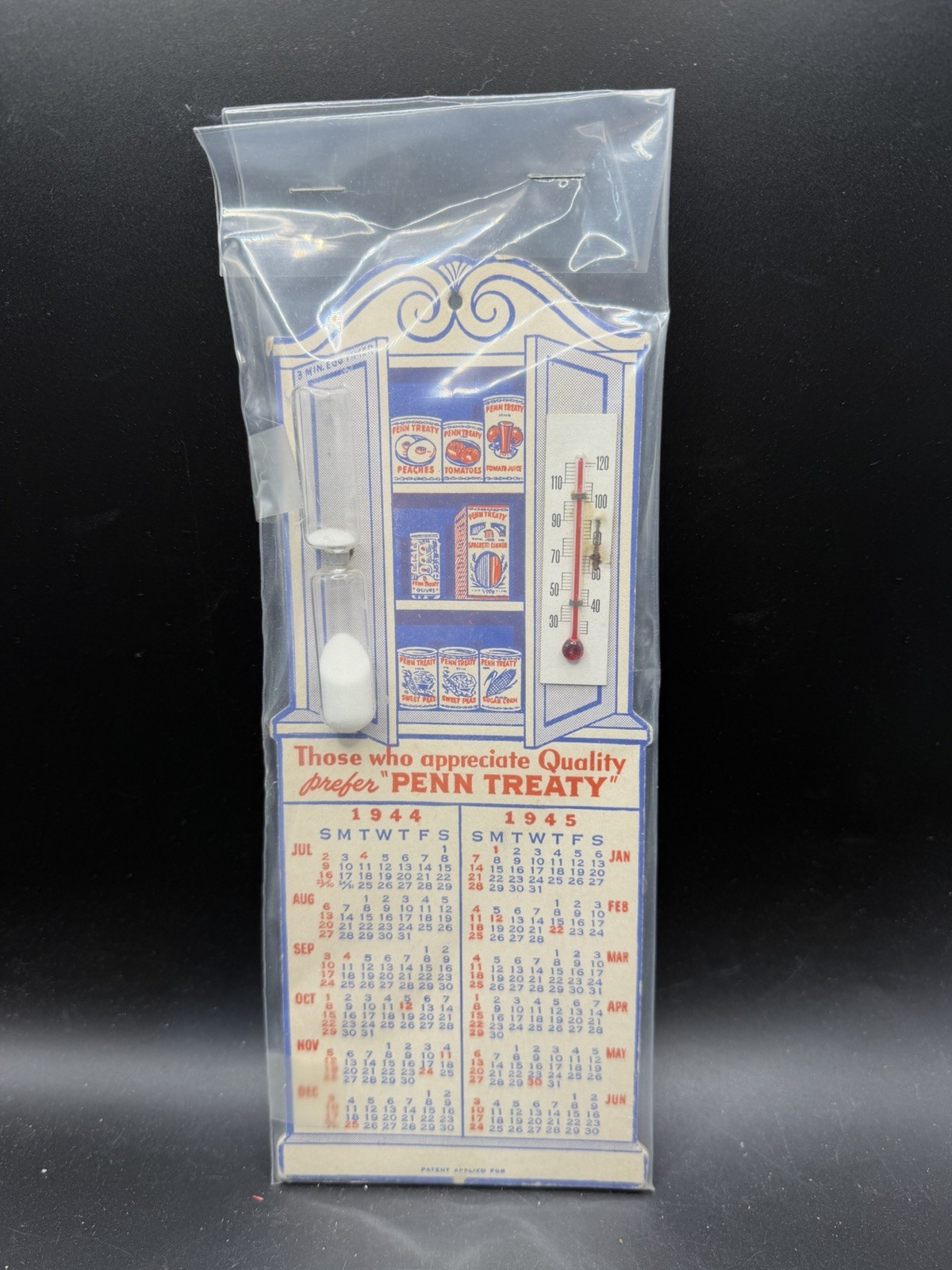 Vintage 1944 1945 Penn Treaty Canned Goods Advertising Calendar Thermometer
