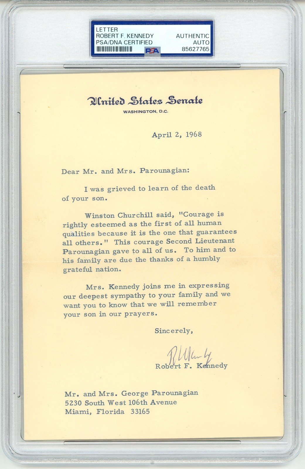Robert F. Kennedy ~ Signed Vietnam War Letter Quoting Winston Churchill~ PSA DNA
