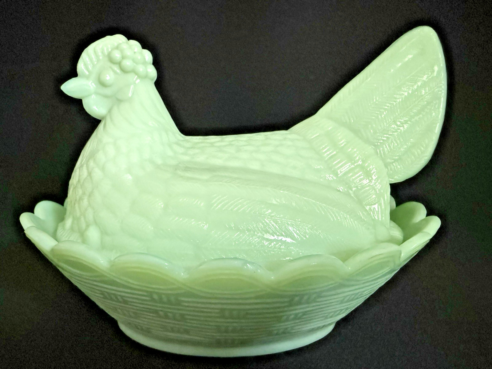 Vintage Gibson Mosser Jadeite Hen Chicken On Nest Glass Nesting With Lid