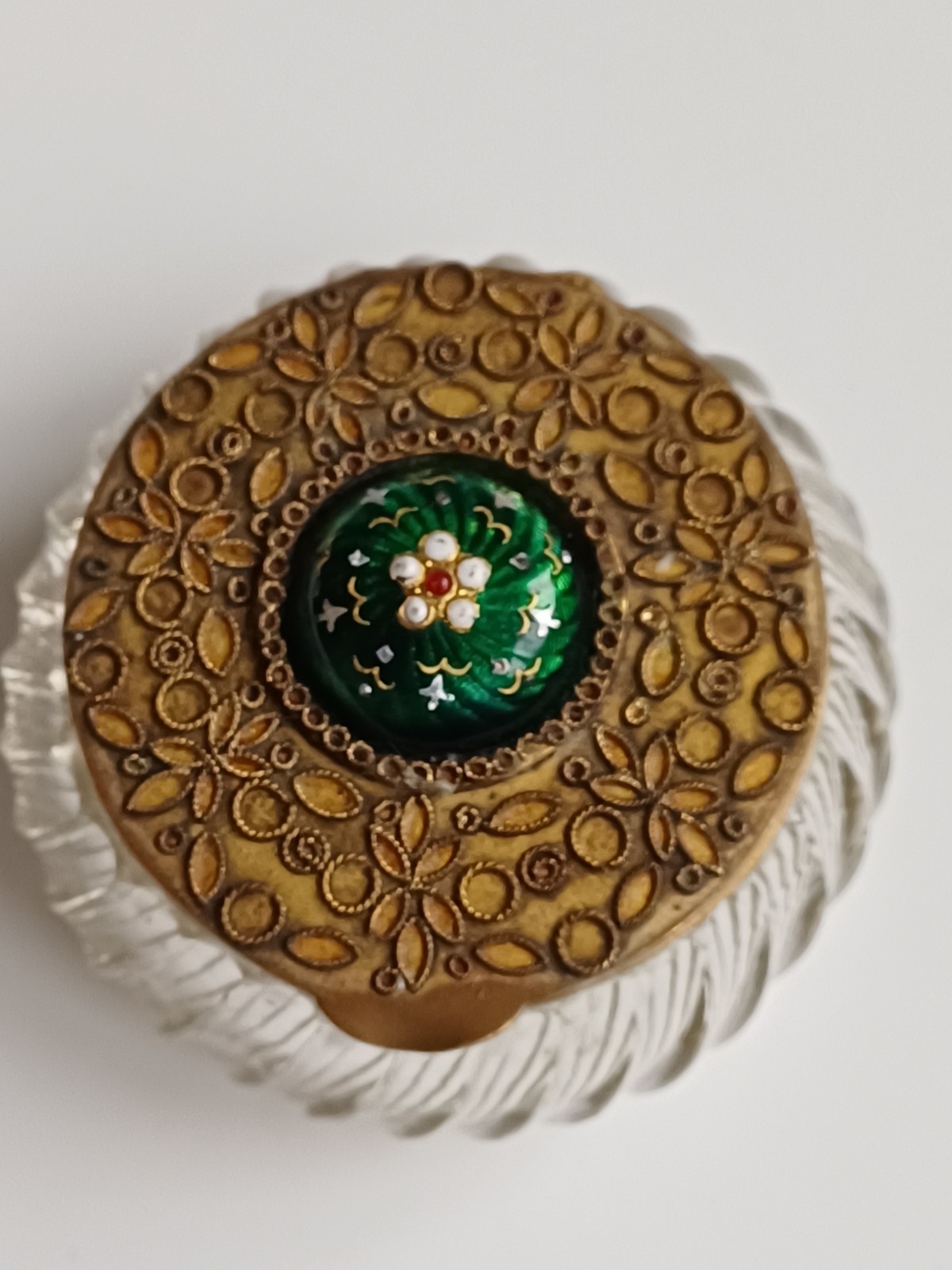 Vintage French glass Gilt ormolu  Casket Trinket Box Bressan enamel cabochon