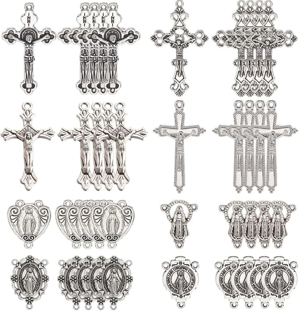 1 Box 48pcs 8 styles Easter Rosary Charms Metal Rosary Crucifix Bulk Assorted Ti
